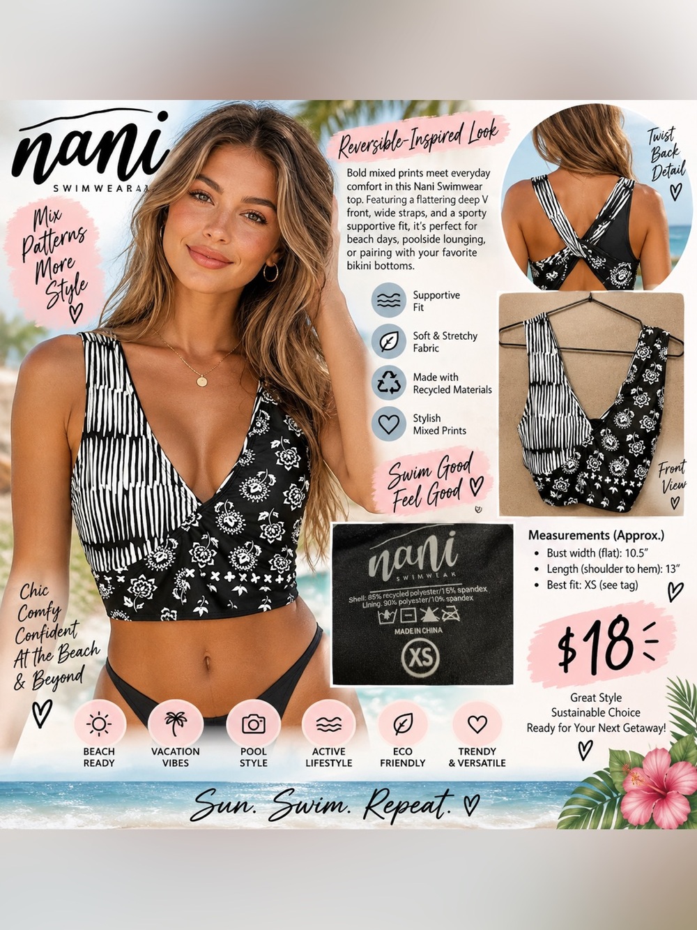 Black & White Mixed-Print V-Neck Bikini Top